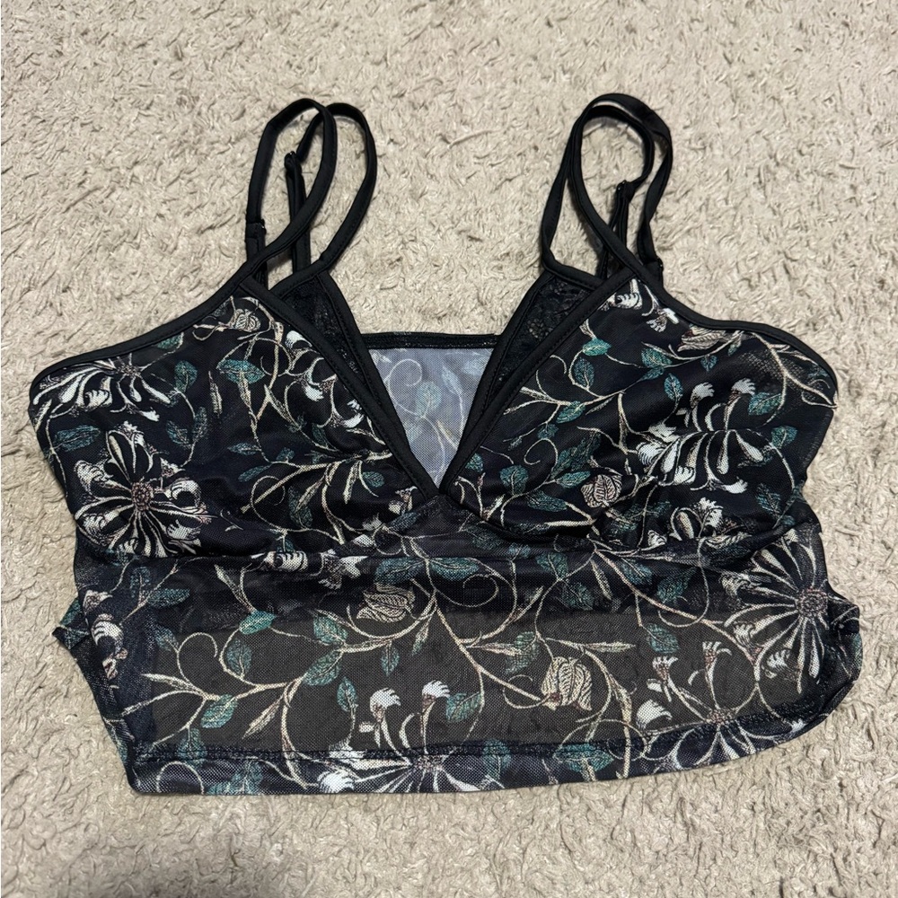 Floral Mesh Bralette in Black with green & Cream Accents